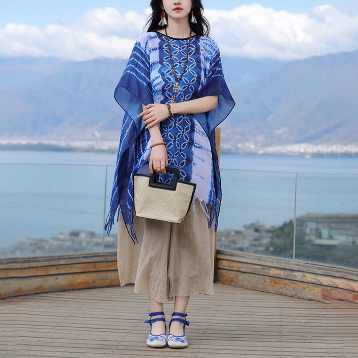 Buddha Stones Blue White Striped Indigo Dyeing Shawl Tassels Cozy Pullover 90*95cm - image 9