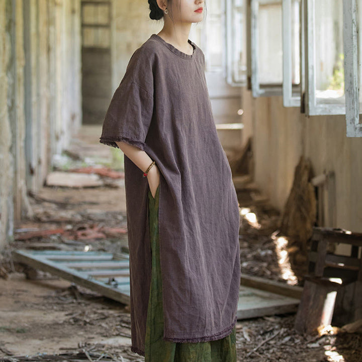 Buddha Stones Mid Length Dress Ramie Linen Half Sleeve Split Hem Top T-Shirt - image 19