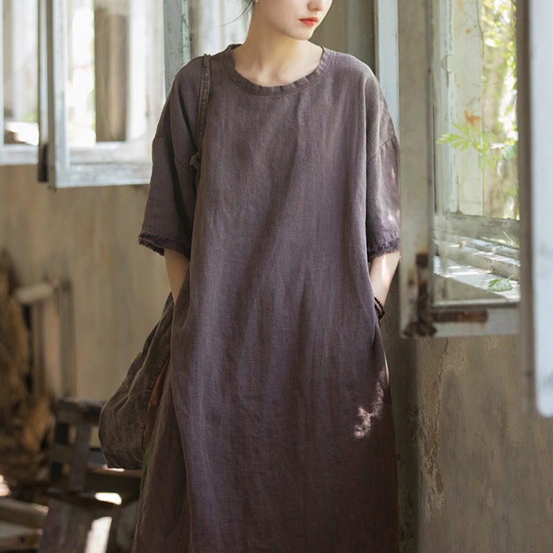 Buddha Stones Mid Length Dress Ramie Linen Half Sleeve Split Hem Top T-Shirt - image 20