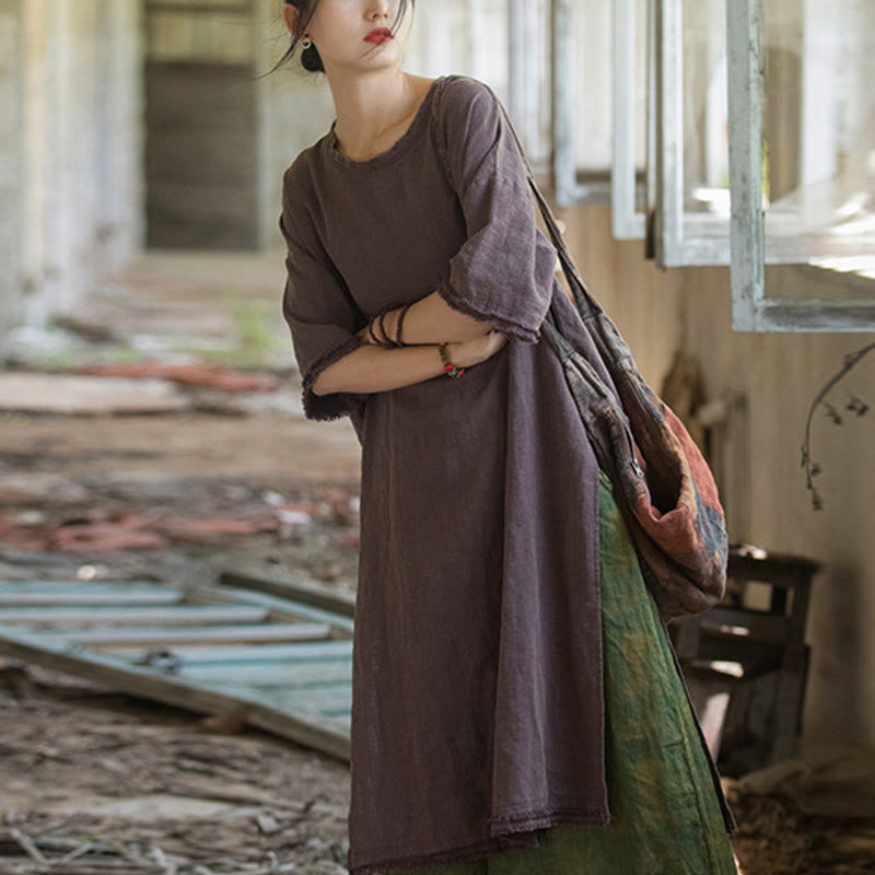 Buddha Stones Mid Length Dress Ramie Linen Half Sleeve Split Hem Top T-Shirt - Purple(Bust 124cm/Shoulder 60cm/Length 101-108cm)(Dress Only) - image 15