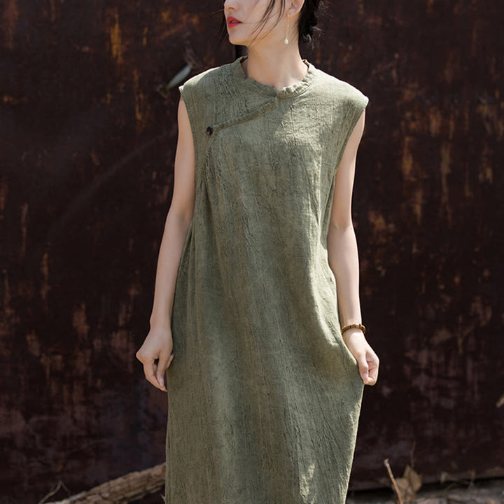 Buddha Stones Handmade Tie Dye Midi Dress Linen Sleeveless Dress - Green(Bust 116cm/Shoulder 39cm/Length 115cm)(Dress Only) - image 7