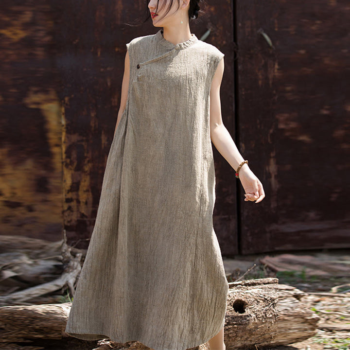 Buddha Stones Handmade Tie Dye Midi Dress Linen Sleeveless Dress - Beige(Bust 116cm/Shoulder 39cm/Length 115cm)(Dress Only) - image 19