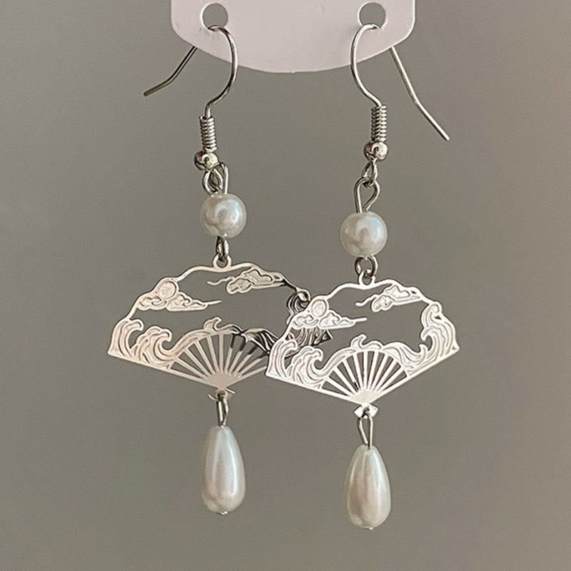 Buddha Stones Copper Fan Auspicious Clouds Pearl Healing Drop Earrings - image 2
