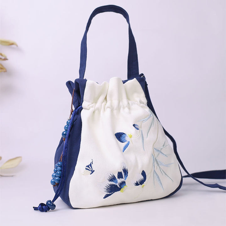 Buddha Stones Embroidered Butterfly Lotus Magnolia Cotton Linen Tote Crossbody Bag Shoulder Bag Handbag - image 1