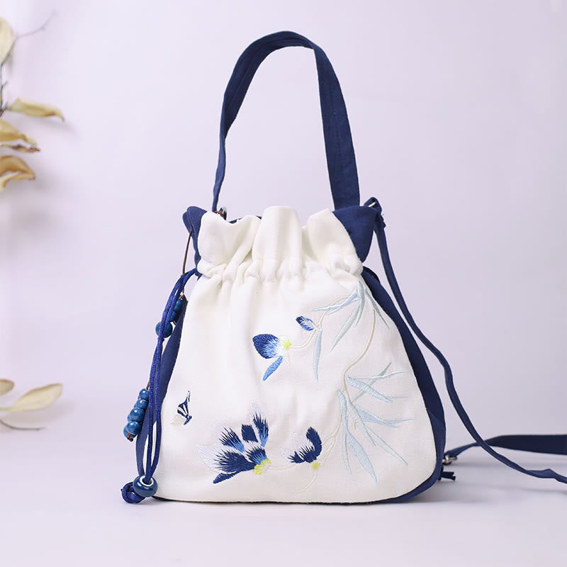 Buddha Stones Embroidered Butterfly Lotus Magnolia Cotton Linen Tote Crossbody Bag Shoulder Bag Handbag - Navy Blue Magnolia 20*20*7cm - image 0