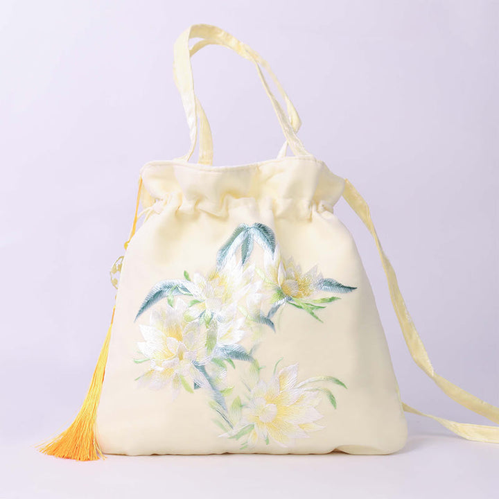 Buddha Stones Lotus Peony Epiphyllum Phoenix Suzhou Embroidery Cotton Linen Tote Crossbody Bag Shoulder Bag Handbag - Yellow Epiphyllum 21*22cm - image 0