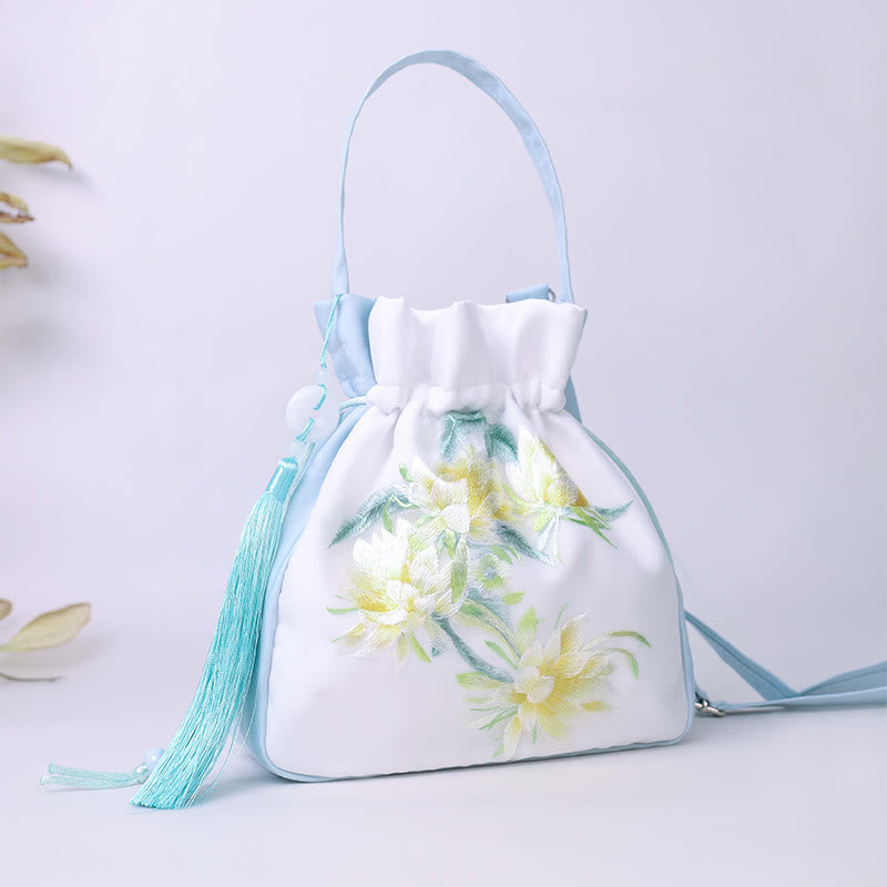 Buddha Stones Suzhou Embroidery Rabbit Lotus Epiphyllum Peony Magnolia Silk Tote Crossbody Bag Shoulder Bag Handbag - Light Green Epiphyllum 20*20*7cm - image 0