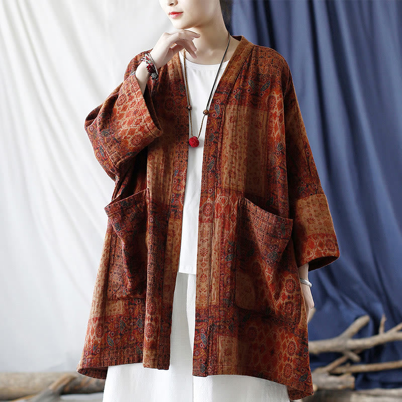 Buddha Stones Orange Flower Geometry Print Cotton Open Front Jacket With Pockets - image 18