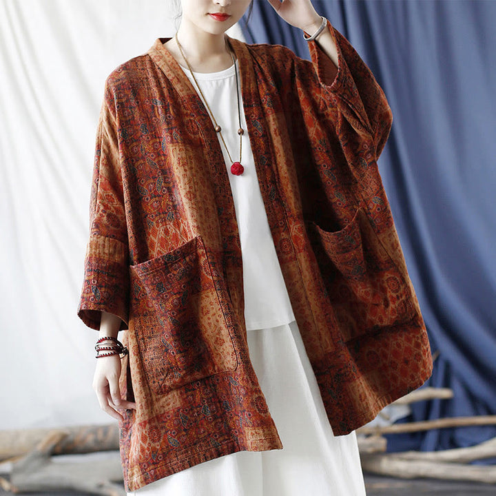 Buddha Stones Orange Flower Geometry Print Cotton Open Front Jacket With Pockets - image 19