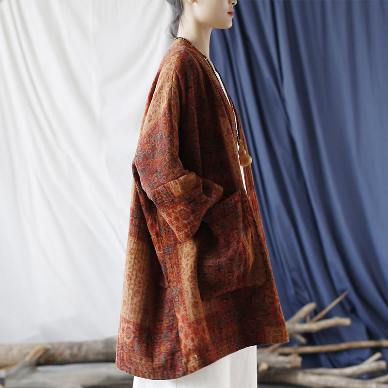 Buddha Stones Orange Flower Geometry Print Cotton Open Front Jacket With Pockets - image 2