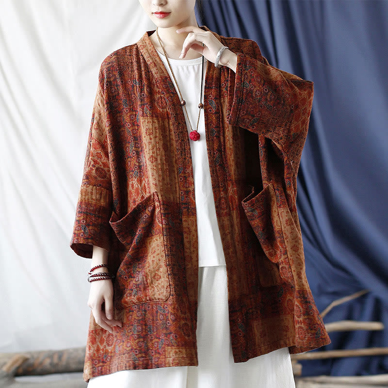 Buddha Stones Orange Flower Geometry Print Cotton Open Front Jacket With Pockets - image 21