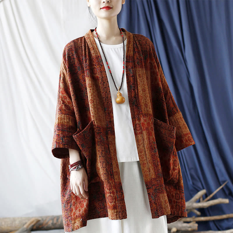 Buddha Stones Orange Flower Geometry Print Cotton Open Front Jacket With Pockets - image 20