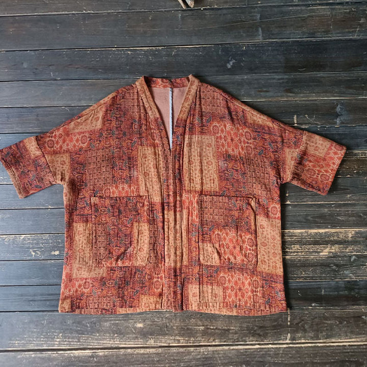 Buddha Stones Orange Flower Geometry Print Cotton Open Front Jacket With Pockets - image 15