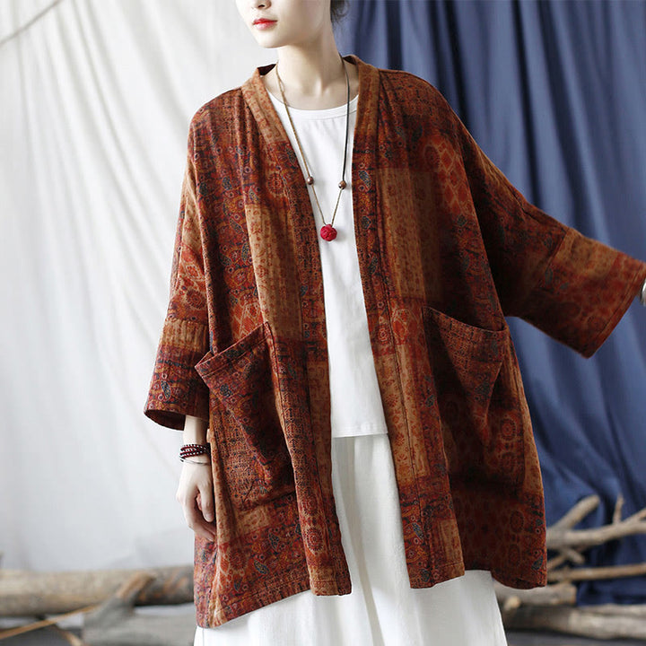 Buddha Stones Orange Flower Geometry Print Cotton Open Front Jacket With Pockets - image 22