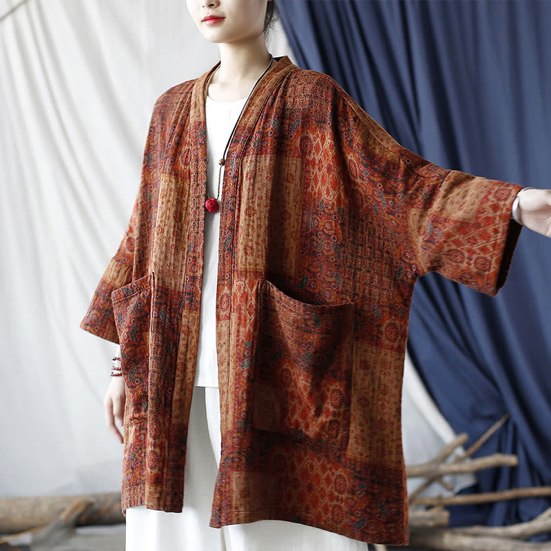 Buddha Stones Orange Flower Geometry Print Cotton Open Front Jacket With Pockets - image 4