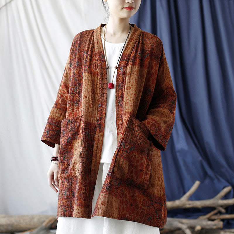 Buddha Stones Orange Flower Geometry Print Cotton Open Front Jacket With Pockets - US4-14,UK/AU8-18,EU36-46 (F)-Jacket Only - image 0