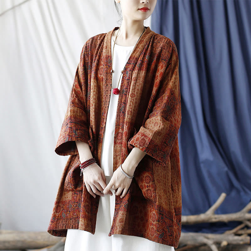 Buddha Stones Orange Flower Geometry Print Cotton Open Front Jacket With Pockets - image 24