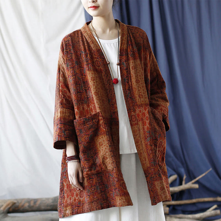 Buddha Stones Orange Flower Geometry Print Cotton Open Front Jacket With Pockets - image 25