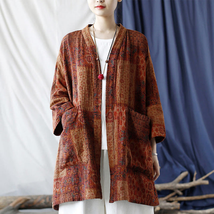 Buddha Stones Orange Flower Geometry Print Cotton Open Front Jacket With Pockets - image 23