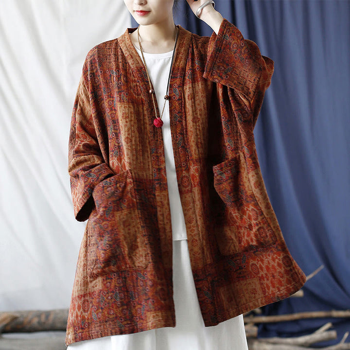 Buddha Stones Orange Flower Geometry Print Cotton Open Front Jacket With Pockets - image 26