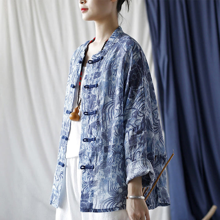Buddha Stones Retro Blue White Flowers Frog-Button Design Long Sleeve Ramie Linen Jacket Shirt - image 4