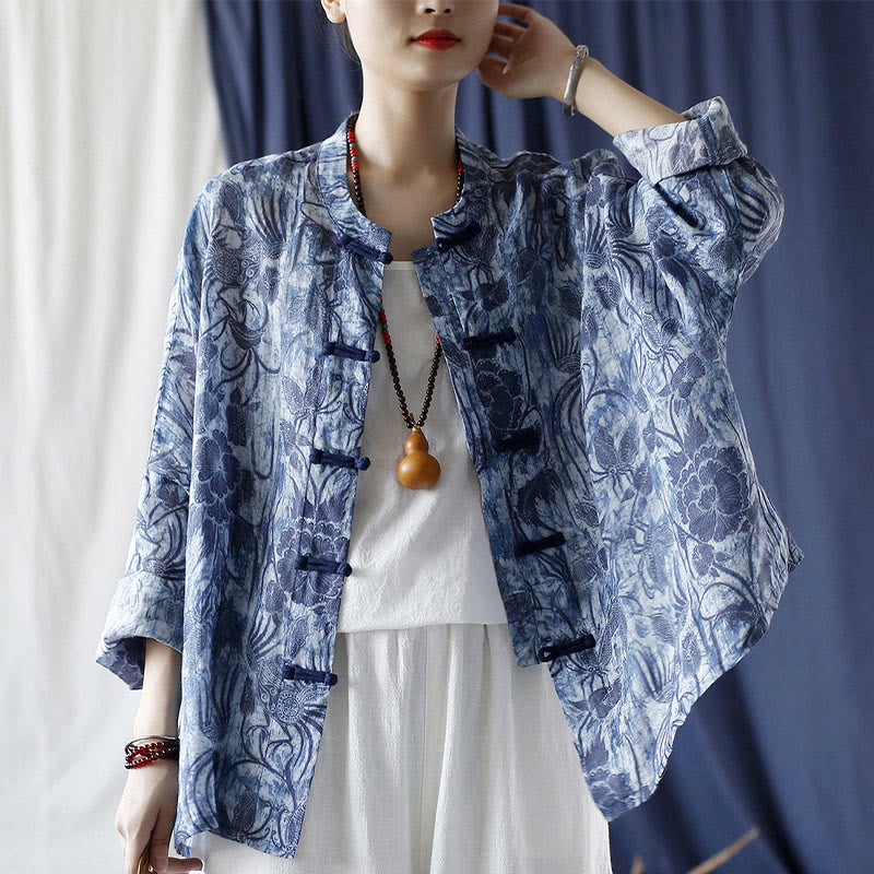 Buddha Stones Retro Blue White Flowers Frog-Button Design Long Sleeve Ramie Linen Jacket Shirt - image 5