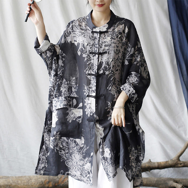Buddha Stones Blue White Flowers Frog-Button Long Sleeve Ramie Linen Jacket Shirt With Pockets - US4-16,UK/AU8-20,EU36-48 (F)(Jacket Only) - image 0
