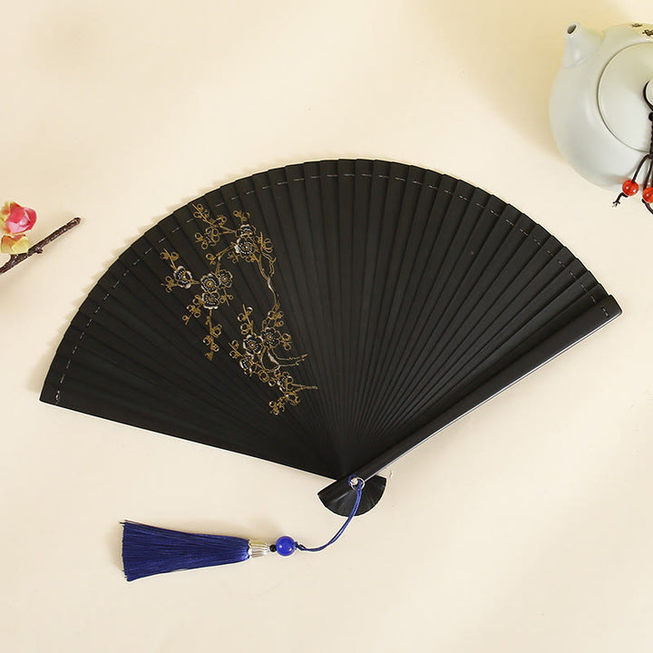 Buddha Stones Hibiscus Flower Plum Blossom Handheld Bamboo Folding Fan - Spring Flower 18cm - image 2