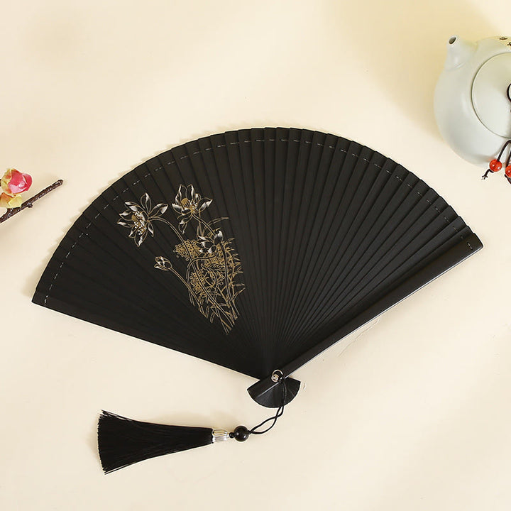 Buddha Stones Hibiscus Flower Plum Blossom Handheld Bamboo Folding Fan - Hibiscus 18cm - image 0