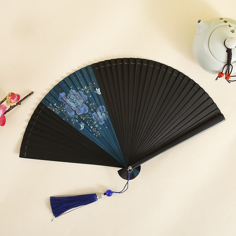 Buddha Stones Hibiscus Flower Plum Blossom Handheld Bamboo Folding Fan - Blue Flower 18cm - image 4