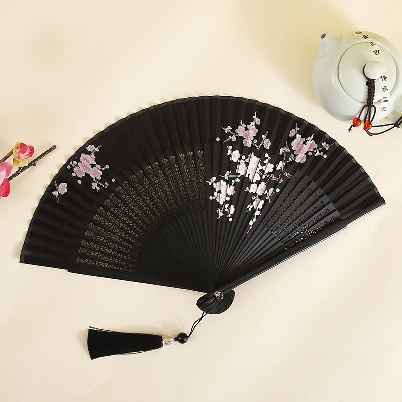 Buddha Stones Hibiscus Flower Plum Blossom Handheld Bamboo Folding Fan - Plum Blossom 21cm - image 6