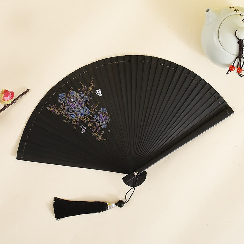 Buddha Stones Hibiscus Flower Plum Blossom Handheld Bamboo Folding Fan - Purple Flower 18cm - image 8