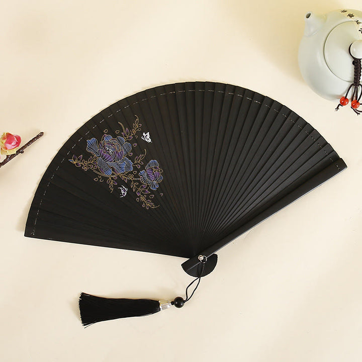 Buddha Stones Hibiscus Flower Plum Blossom Handheld Bamboo Folding Fan - Purple Flower 18cm - image 8
