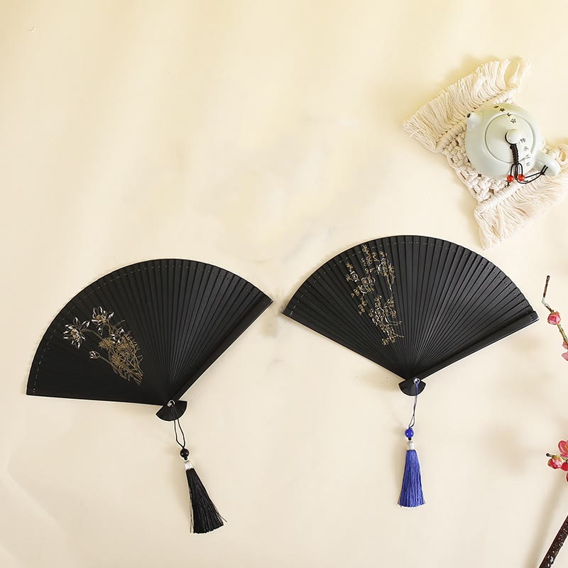 Buddha Stones Hibiscus Flower Plum Blossom Handheld Bamboo Folding Fan - image 3