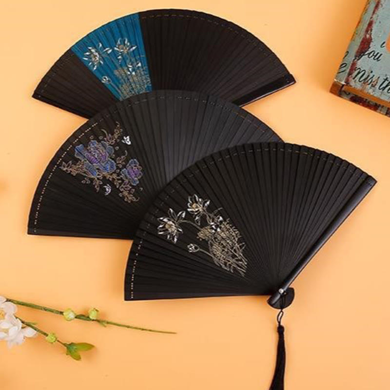 Buddha Stones Hibiscus Flower Plum Blossom Handheld Bamboo Folding Fan - image 1