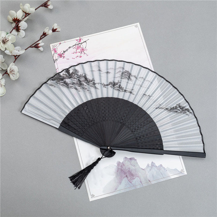 Buddha Stones Mountains Plum Blossom Lotus Magpie Bamboo Leaves Handheld Silk Bamboo Folding Fan 22.5cm - Mountains And Rivers 22.5cm - image 1