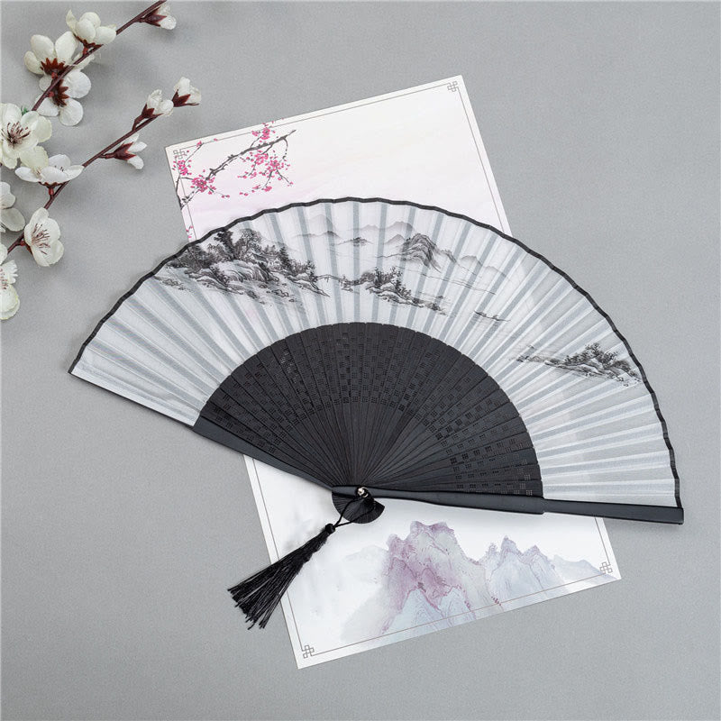 Buddha Stones Mountains Plum Blossom Lotus Magpie Bamboo Leaves Handheld Silk Bamboo Folding Fan 22.5cm - Mountains And Rivers 22.5cm - image 1