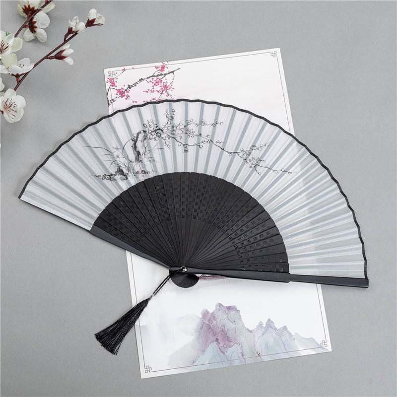 Buddha Stones Mountains Plum Blossom Lotus Magpie Bamboo Leaves Handheld Silk Bamboo Folding Fan 22.5cm - Plum Blossom 22.5cm - image 2