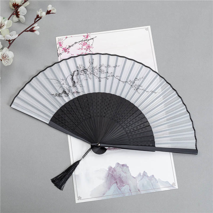 Buddha Stones Mountains Plum Blossom Lotus Magpie Bamboo Leaves Handheld Silk Bamboo Folding Fan 22.5cm - Plum Blossom 22.5cm - image 2