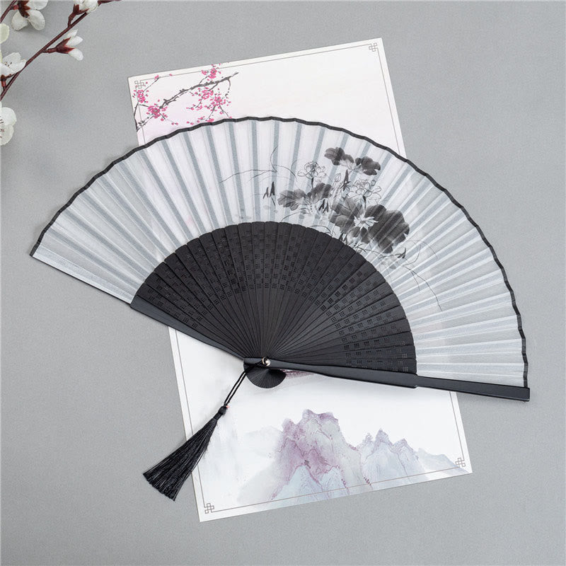 Buddha Stones Mountains Plum Blossom Lotus Magpie Bamboo Leaves Handheld Silk Bamboo Folding Fan 22.5cm - Lotus 22.5cm - image 3