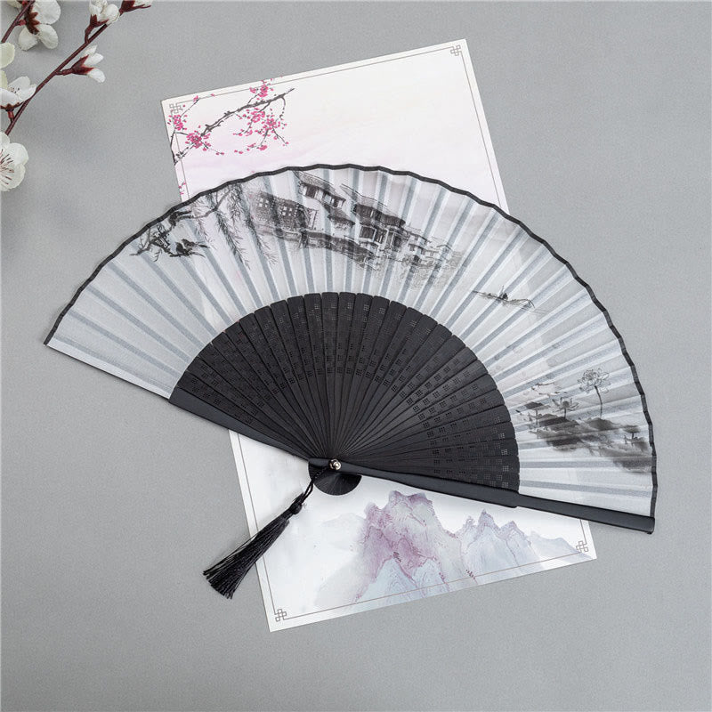 Buddha Stones Mountains Plum Blossom Lotus Magpie Bamboo Leaves Handheld Silk Bamboo Folding Fan 22.5cm - Jiangnan Landscape 22.5cm - image 8