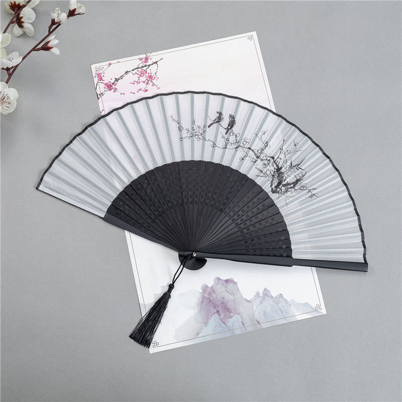 Buddha Stones Mountains Plum Blossom Lotus Magpie Bamboo Leaves Handheld Silk Bamboo Folding Fan 22.5cm - Magpie Plum Blossom 22.5cm - image 10