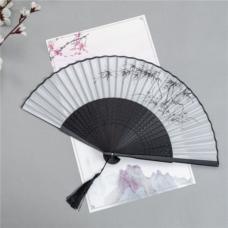 Buddha Stones Mountains Plum Blossom Lotus Magpie Bamboo Leaves Handheld Silk Bamboo Folding Fan 22.5cm - Bamboo Leaves 22.5cm - image 11