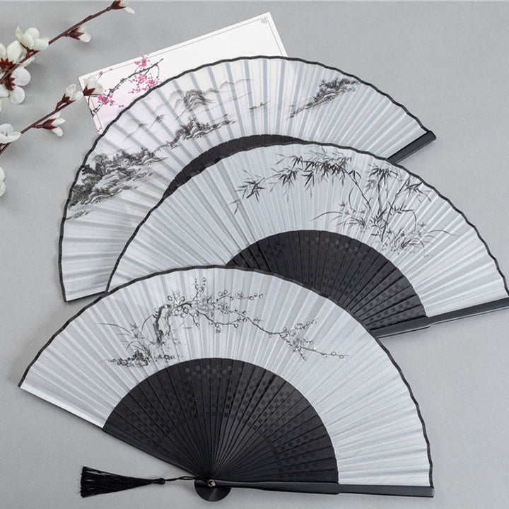 Buddha Stones Mountains Plum Blossom Lotus Magpie Bamboo Leaves Handheld Silk Bamboo Folding Fan 22.5cm - image 0