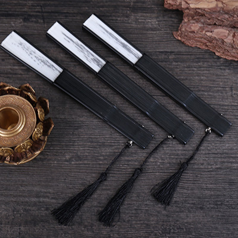 Buddha Stones Mountains Plum Blossom Lotus Magpie Bamboo Leaves Handheld Silk Bamboo Folding Fan 22.5cm - image 13