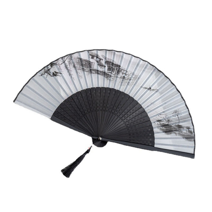 Buddha Stones Mountains Plum Blossom Lotus Magpie Bamboo Leaves Handheld Silk Bamboo Folding Fan 22.5cm - image 9