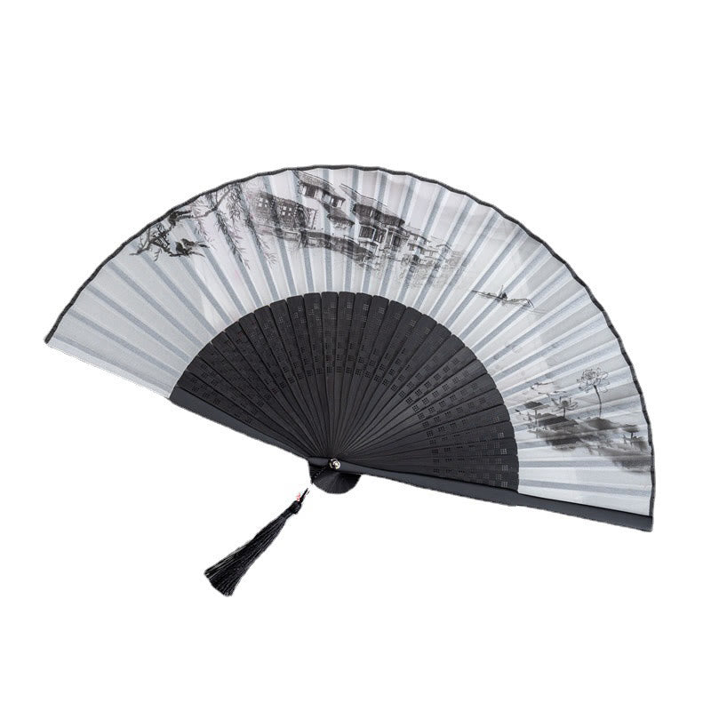 Buddha Stones Mountains Plum Blossom Lotus Magpie Bamboo Leaves Handheld Silk Bamboo Folding Fan 22.5cm - image 9