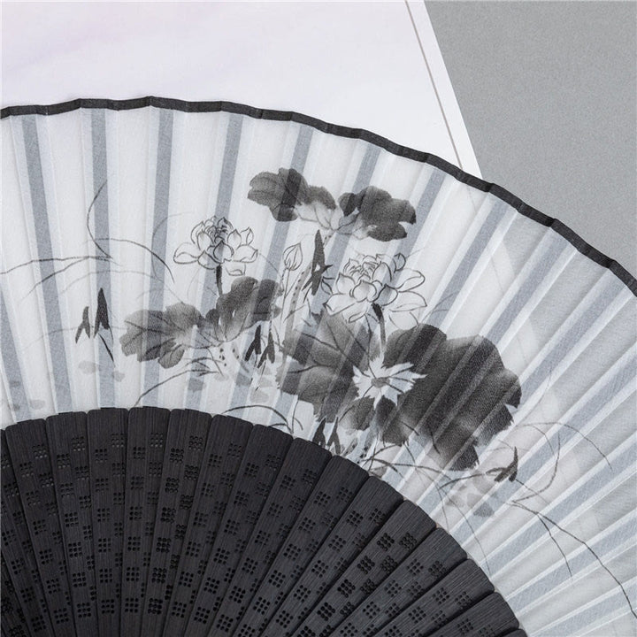 Buddha Stones Mountains Plum Blossom Lotus Magpie Bamboo Leaves Handheld Silk Bamboo Folding Fan 22.5cm - image 4