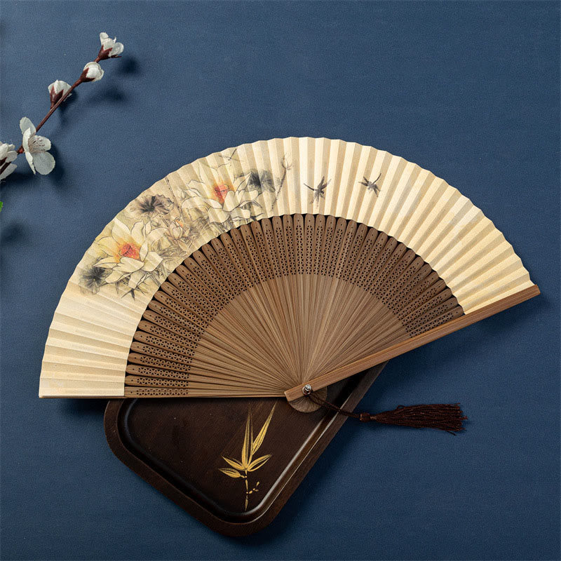 Buddha Stones Lotus Dragonfly Wild Geese Plum Blossom Handheld Silk Bamboo Folding Fan 22.5cm - Lotus Dragonfly 22.5cm - Ordinary Tassel - image 1