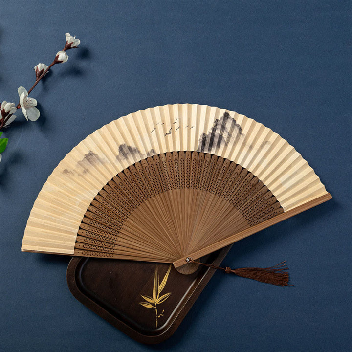 Buddha Stones Lotus Dragonfly Wild Geese Plum Blossom Handheld Silk Bamboo Folding Fan 22.5cm - Wild Geese 22.5cm - Ordinary Tassel - image 7